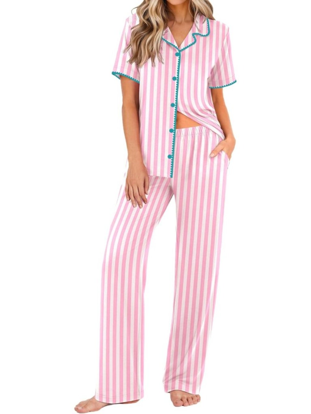 Women's Pink Stripe Button Down Short Sleeve Shirt Loungewear Pajamas Set